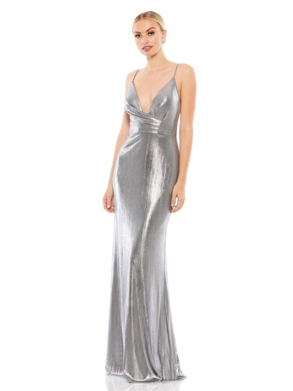 Mac Duggal Size 14 Silver 26408 METALLIC FAUX WRAP SPAGHETTI STRAP GOWN DRESS